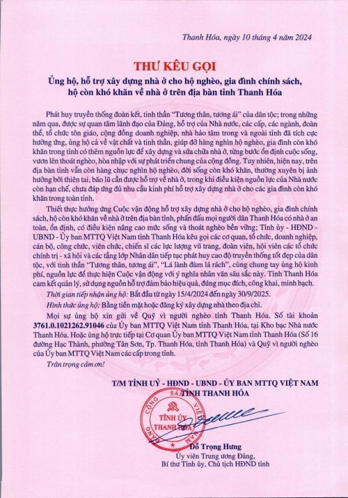ảnh thư kêu gọi ủng hộ, xây dựng nhà ở cho hộ nghèo, gia đình chính sách, hộ còn khó khăn và nhà ở trên địa bàn tỉnh Thanh Hóa.jpg